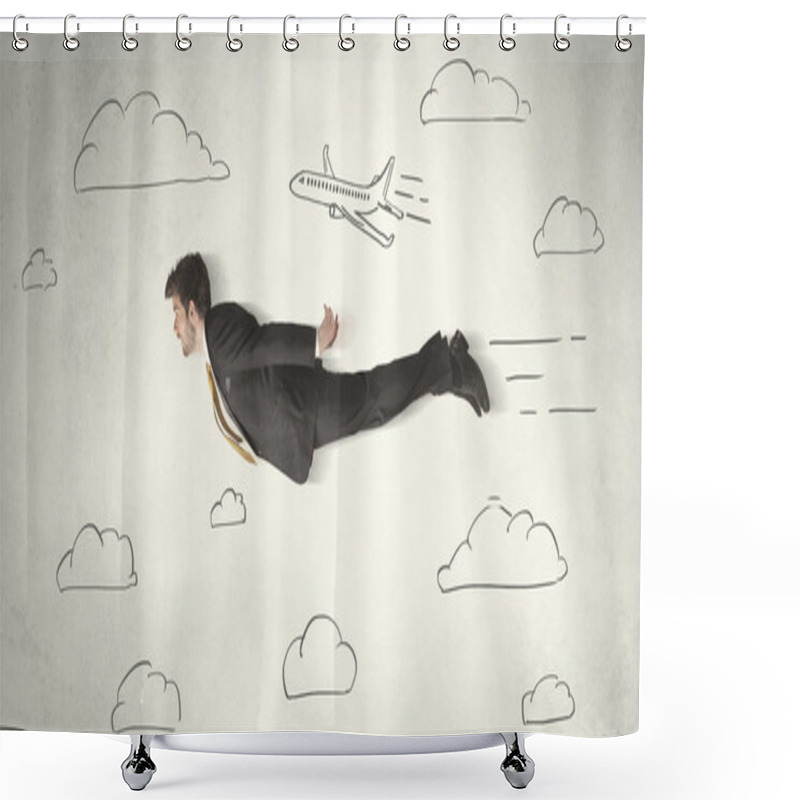 Personality  Cheerful Business Person Flying Between Hand Drawn Sky Clouds Shower Curtains