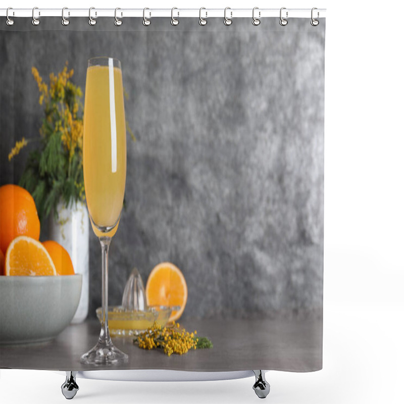 Personality  Glass Of Mimosa Cocktail On Grey Table. Space For Text Shower Curtains