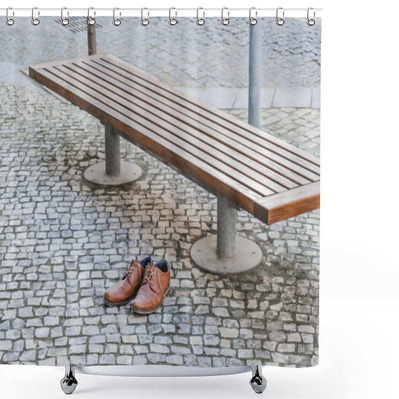 Personality  Brown Leather Shoes On A Cobblestone Pavement Next To A Bench In An Urban Setting. Shower Curtains