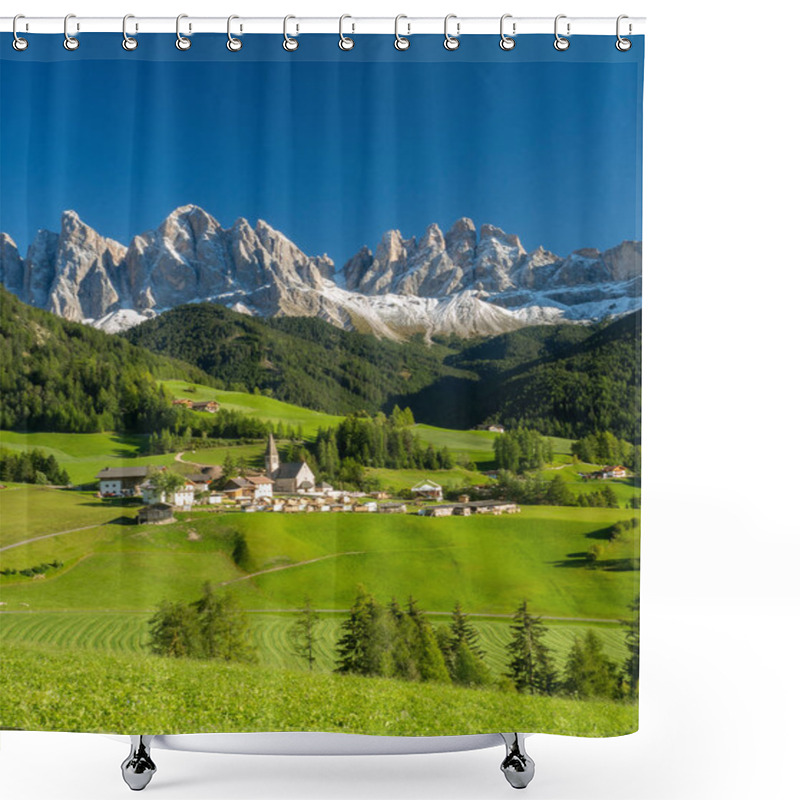 Personality  Santa Maddalena Village In Front Of The Geisler Or Odle Dolomites Group , Val Di Funes, Italy, Europe. September, 2017 Shower Curtains