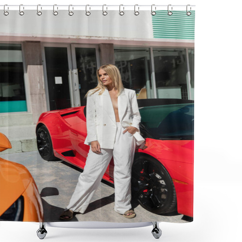 Personality  A Young, Beautiful Blonde Woman Standing Confidently Next To A Vibrant Red Sports Car In Miami. Shower Curtains