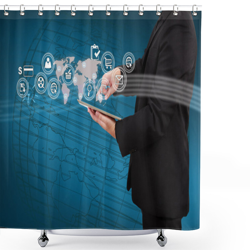 Personality  Businessman Showing Map And Icon Application On Virtual Screen.  Shower Curtains