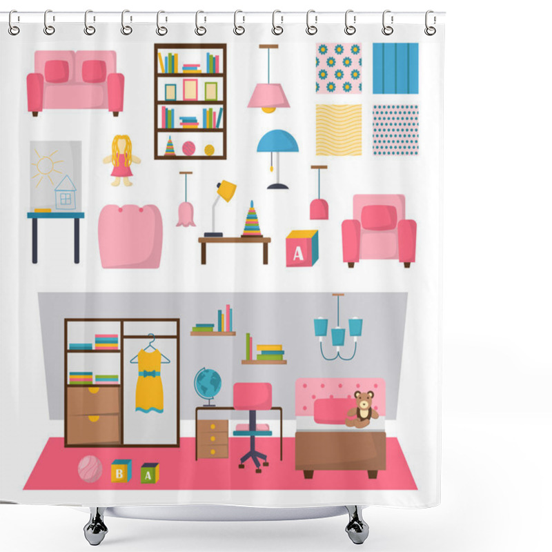 Personality  Baby Kids Room Interior Vector Set. Shower Curtains