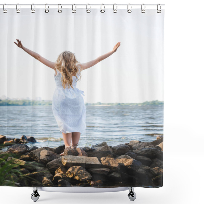 Personality  Back View Of Girl In White Dress Standing On Rocky River Shore With Hands In Air Shower Curtains