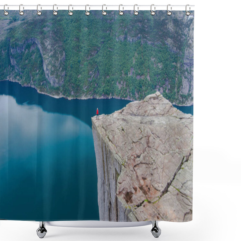 Personality  Tourist On The Edge At Preikestolen, Pulpit Rock In The Evening Enjoying  The View Of The Lysefjord, Peaceful, Tranquil, Nature Landscape Shower Curtains