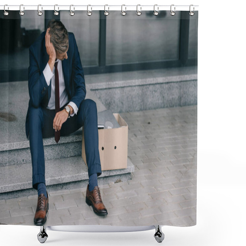 Personality  Dismissed Businessman Sitting On Stairs Near Carton Box  Shower Curtains