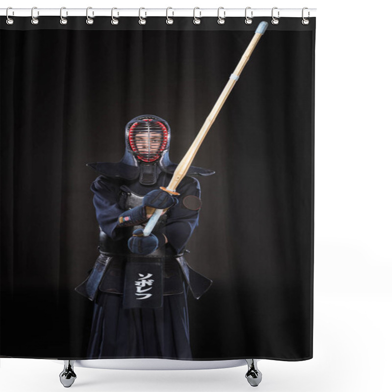 Personality  Kendo Fighter In Armor Practicing With Bamboo Sword On Black Shower Curtains