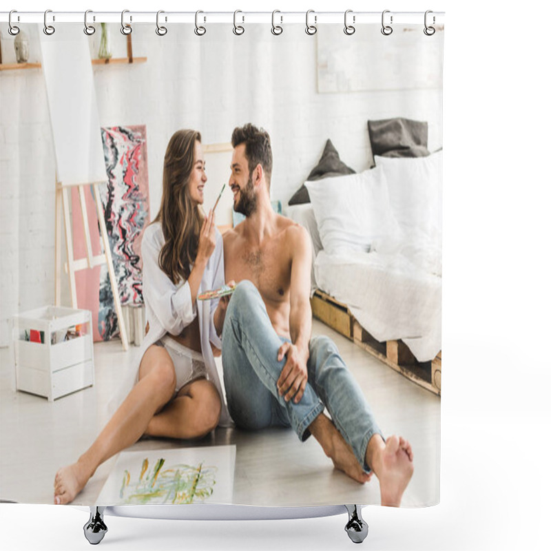 Personality  Sexy Couple Sitting On Floor And Looking At Each Other While Girl Trying To Paint Face Of Man Shower Curtains