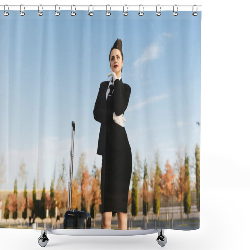 Personality  A Luxurious Young Woman Stewardess In Uniform With A Suitcase Waiting For Her Plane, Thinking About The Sky Shower Curtains