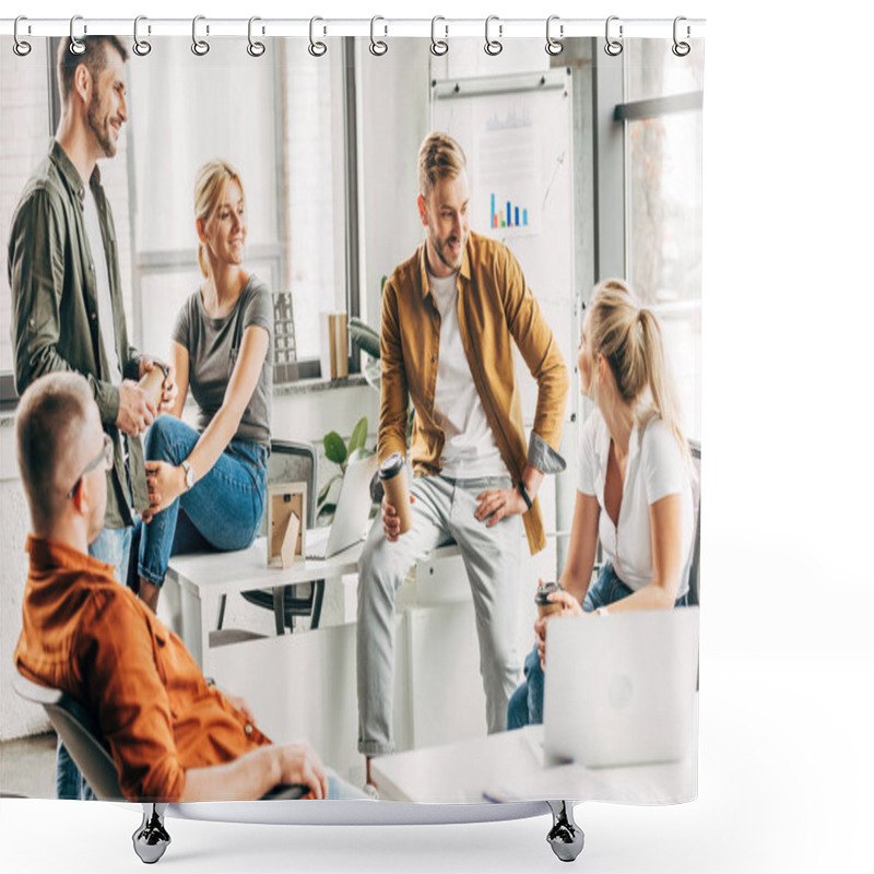 Personality  Group Of Young Entrepreneurs Chatting While Working On Startup Together At Office Shower Curtains