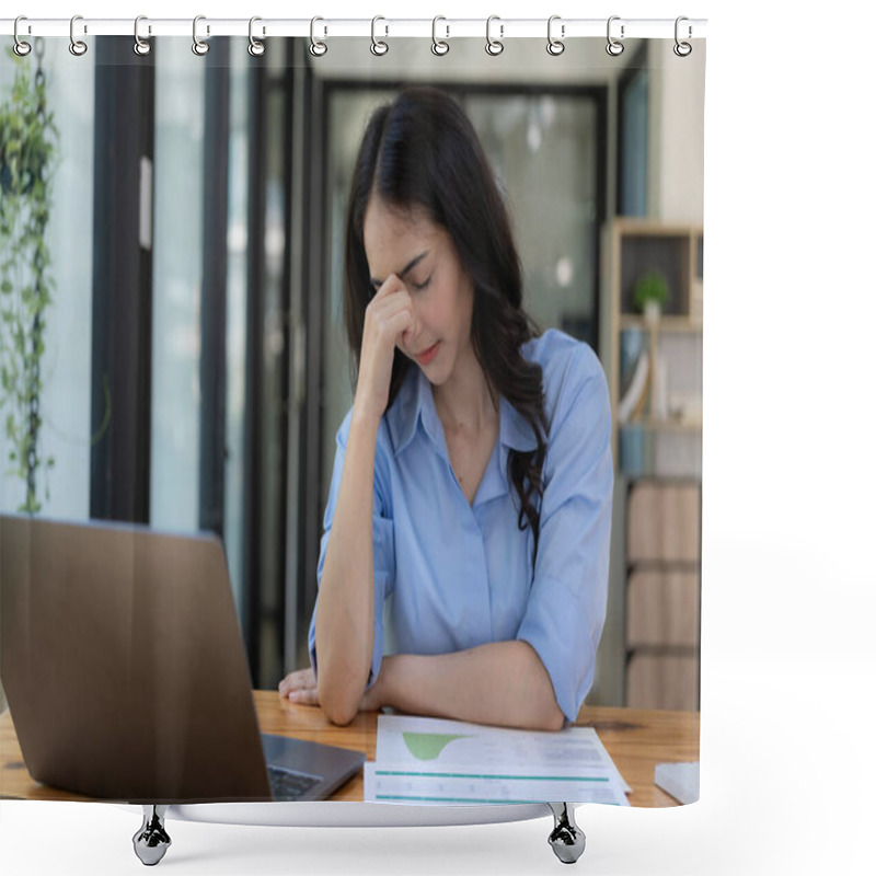 Personality  Tired Asian Businessman Has A Headache From Paperwork And Looking At The Computer Screen A Lot At The Office, Feeling Sick At Work Shower Curtains