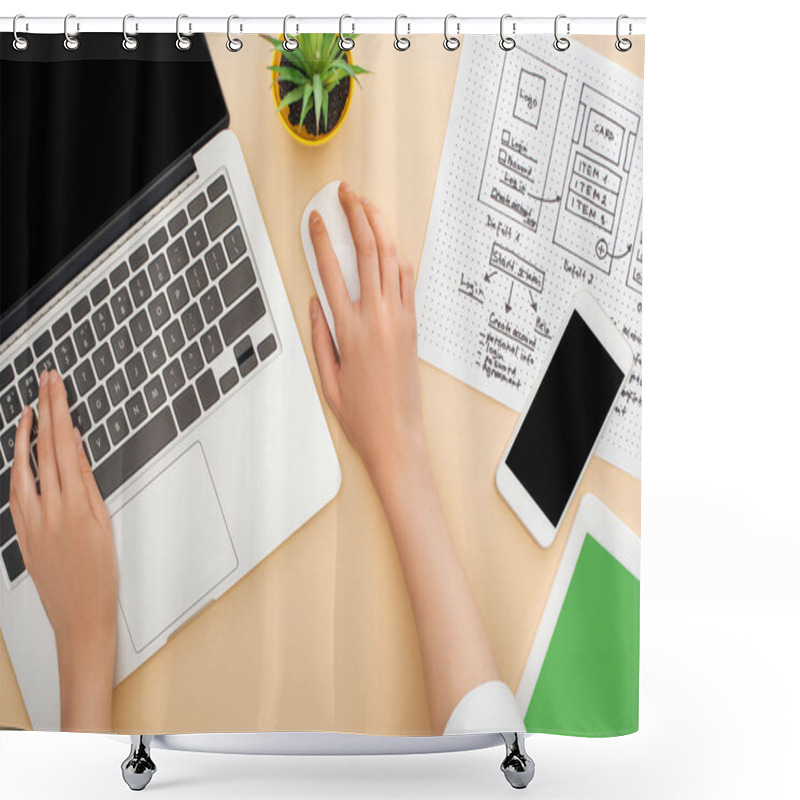 Personality  Partial View Of Designer Using Laptop Near Gadgets, Website Design Template And Green Plant On Beige Background Shower Curtains