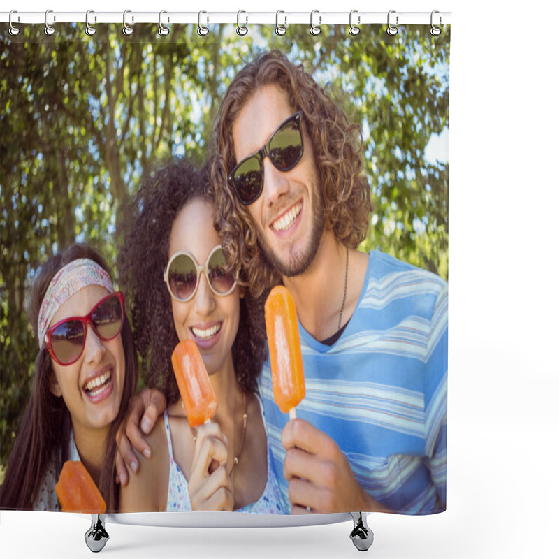 Personality  Hipster Friends Enjoying Ice Lollies Shower Curtains