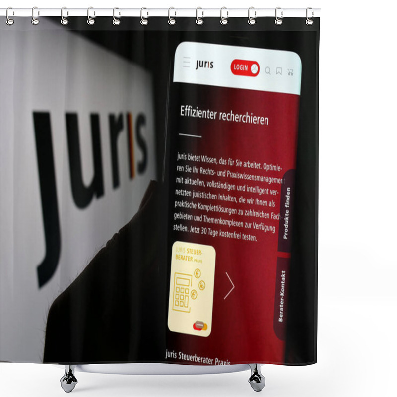 Personality  Stuttgart, Germany - 07-15-2023: Person Holding Cellphone With Webpage Of German Legal Information Prodiver Juris GmbH On Screen With Logo. Focus On Center Of Phone Display. Shower Curtains