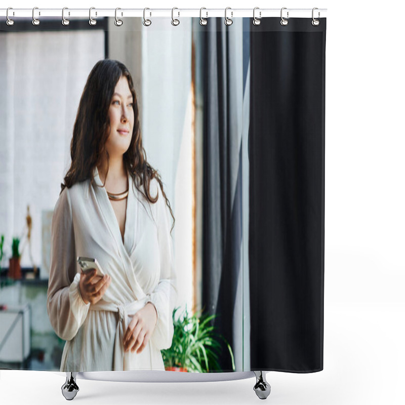 Personality  A Beautiful Plus Size Woman Stands In Her Cozy Office, Smiling Softly As She Looks Out The Window. Shower Curtains