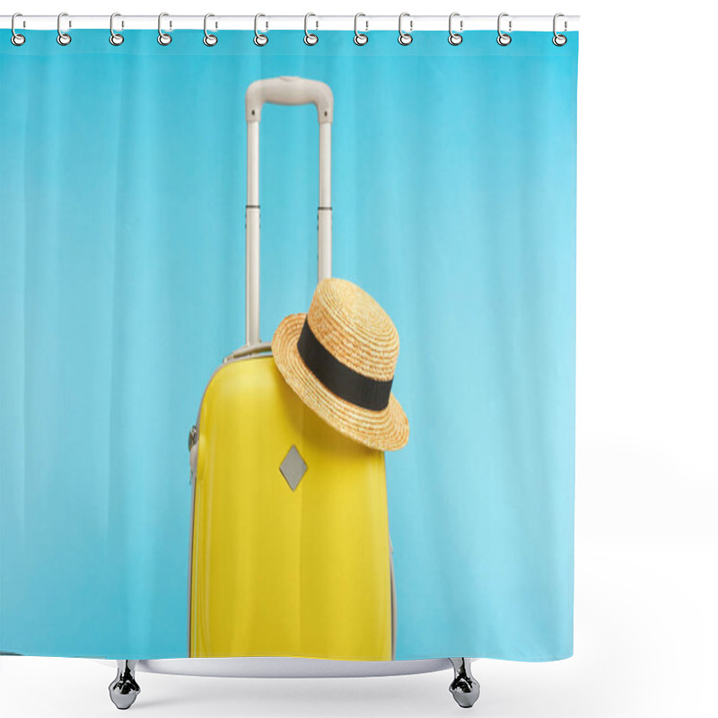 Personality  Yellow Travel Bag With Straw Hat Isolated On Blue Shower Curtains