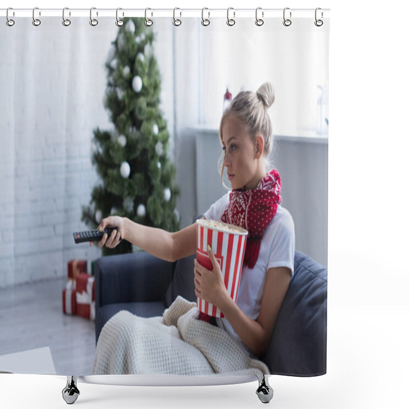 Personality  Ill Woman With Bucket Of Popcorn Clicking Channels While Watching Tv Near Blurred Christmas Tree Shower Curtains