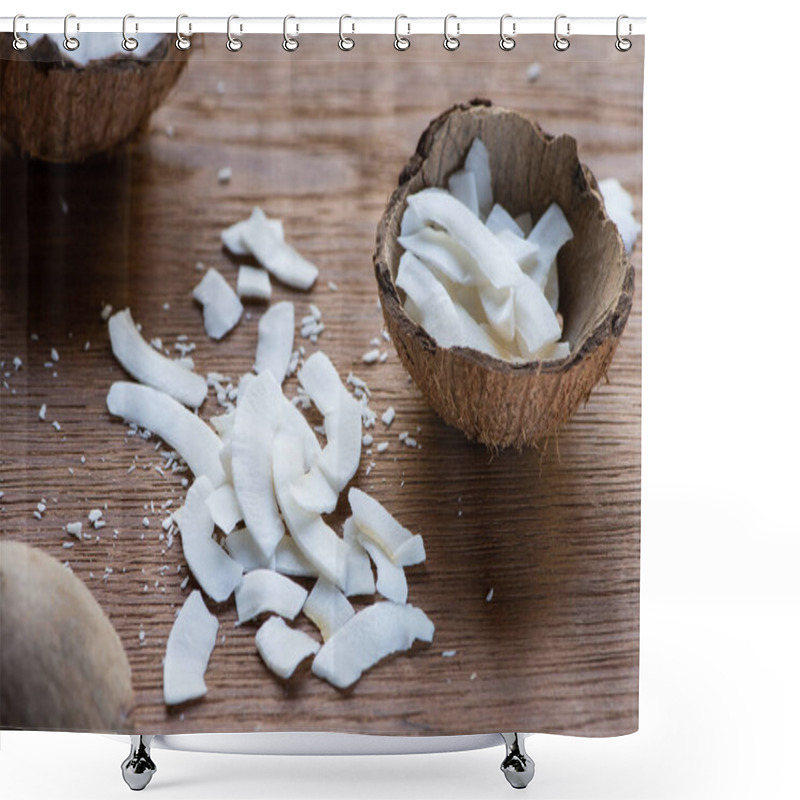 Personality  Selective Focus Of Fresh Tasty Coconut Flakes In Shell On Wooden Table Shower Curtains