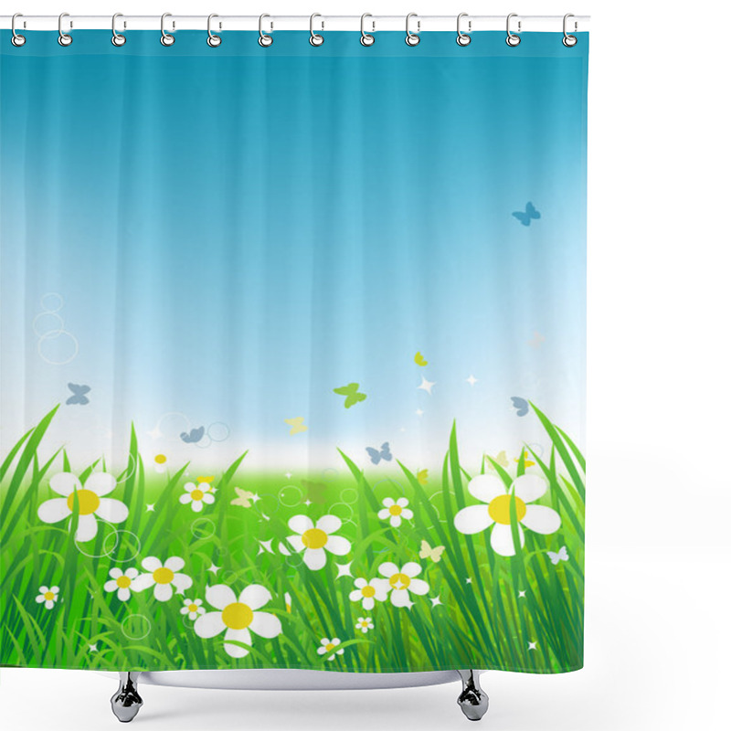 Personality  Green Field With Butterflies, Summer Background Shower Curtains