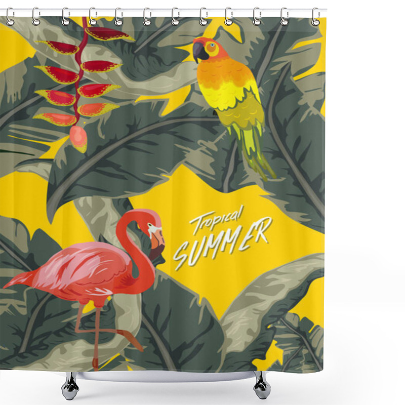 Personality  Tropical Jungle Rainforest Plants Flowers Birds, Flamingo , Toucan Border Background  Shower Curtains