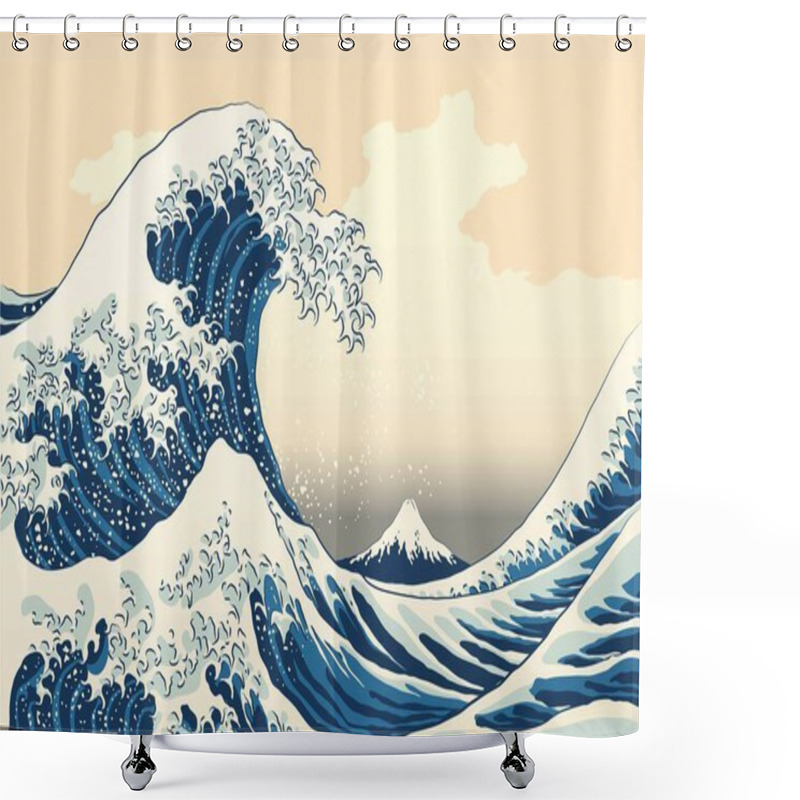 Personality  The Great Wave Off Kanagawa Painting Reproduction Vector Illustration. Old Japanese Artwork With Big Wave And Mountain Fuji On The Background. Shower Curtains