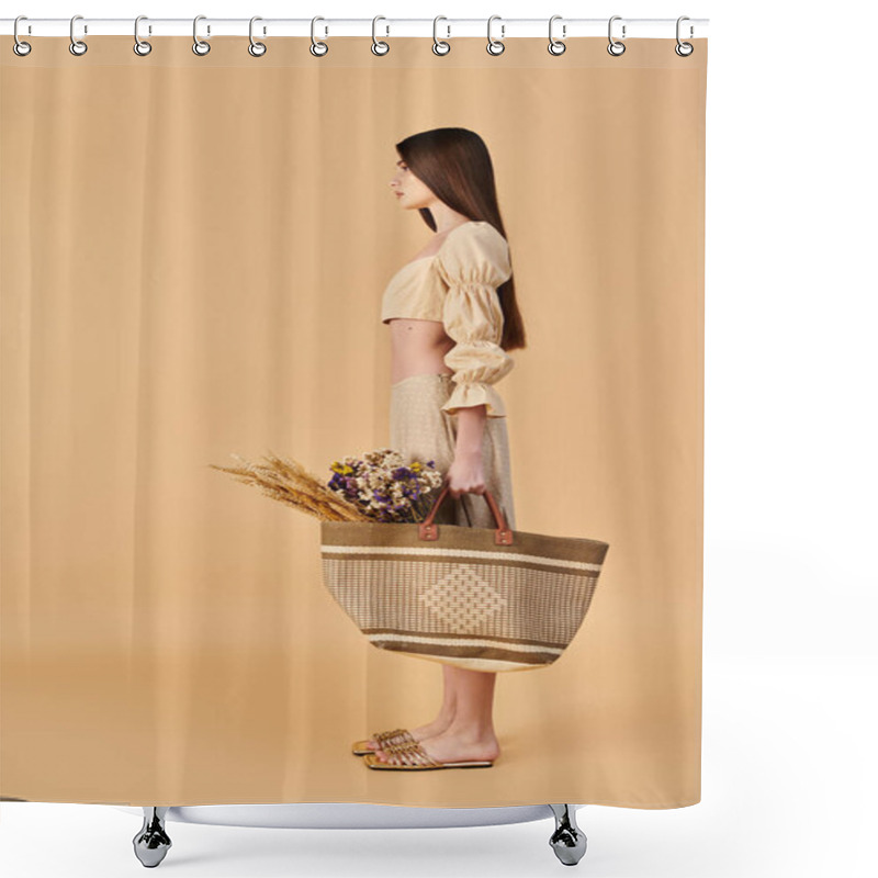 Personality  A young woman with long brunette hair elegantly holds a basket filled with colorful flowers, exuding a vibrant summer mood. shower curtains