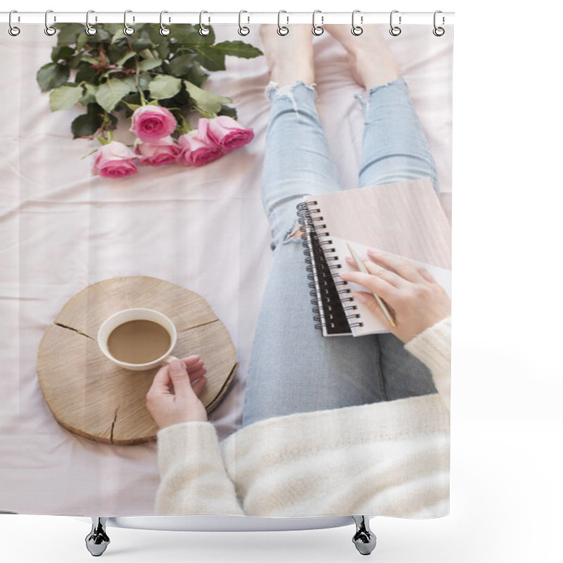 Personality  Young Caucasian Woman In Bed Early In The Morning, Wearing Distressed Jeans And A White Sweater And Holds A Cup Of Coffee. Roses And Notebooks Around. Cozy Blogger Mornings Shower Curtains