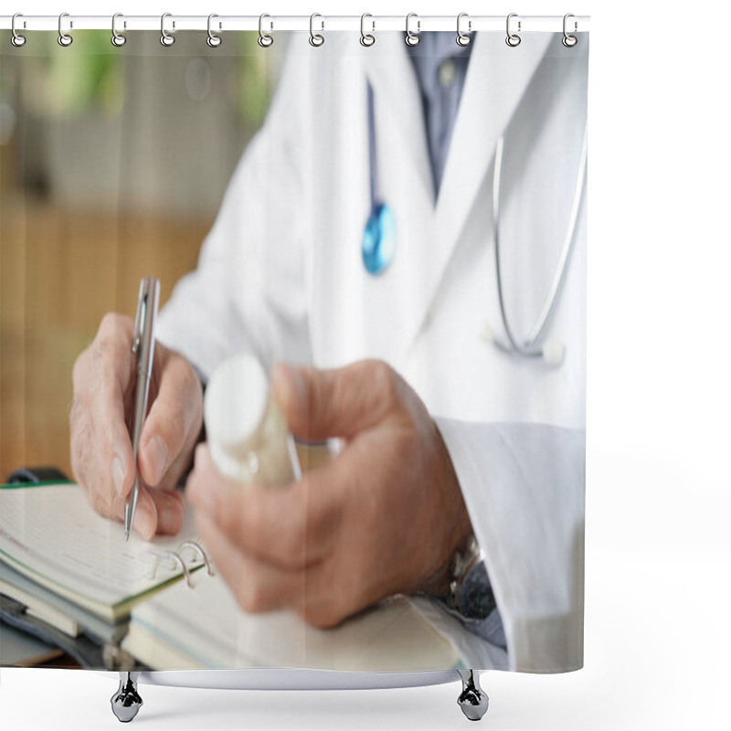 Personality  Closeup Of Doctor's Hand Writing On Agenda Shower Curtains