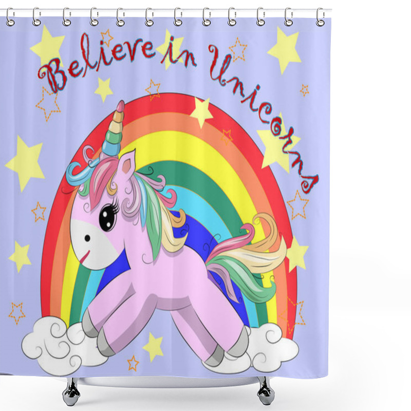 Personality  The Cute Magic Unicorn And Fairy Elements Collection. Inscription Believe In Unicorns Shower Curtains