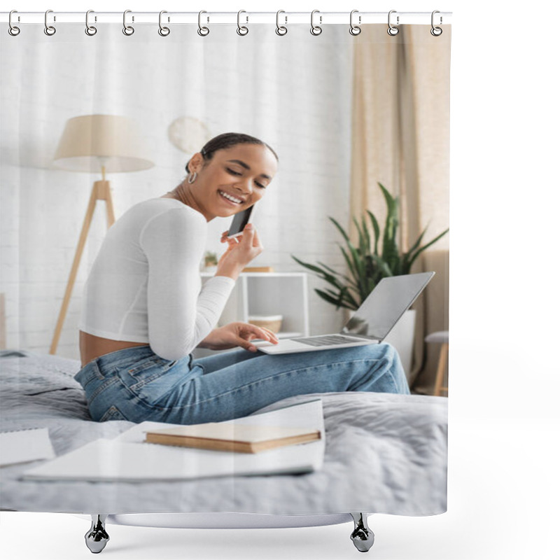 Personality  Smiling African American Student Talking On Smartphone While Using Laptop And Learning Online From Home  Shower Curtains