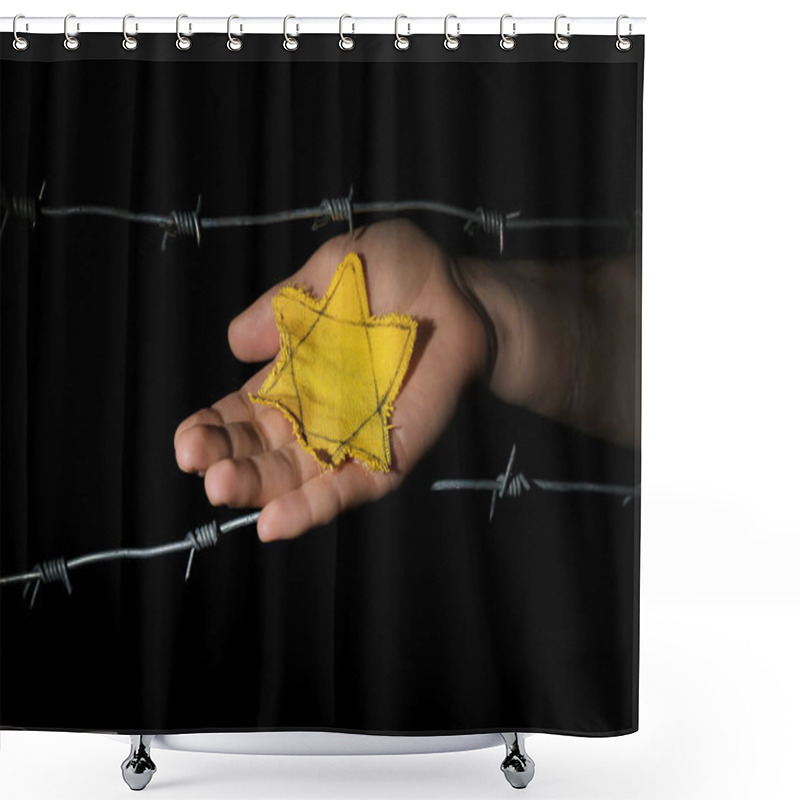 Personality  Woman With Yellow Jewish Badge And Barbed Wire On Dark Background. International Holocaust Remembrance Day Shower Curtains