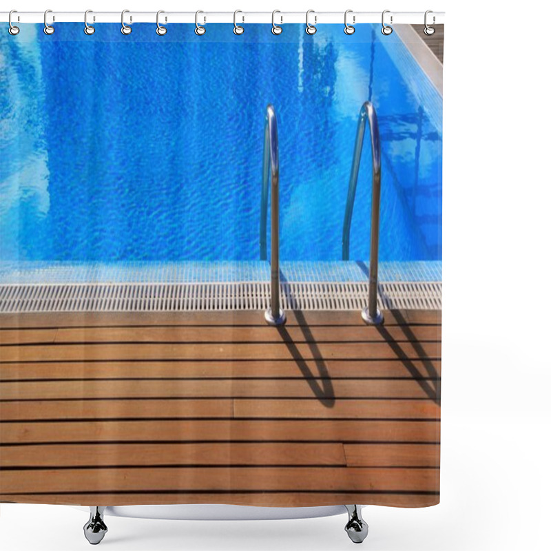 Personality  Blue Swimming Pool With Teak Wood Flooring Shower Curtains