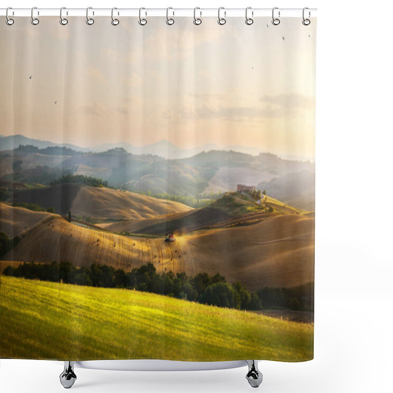 Personality  Italy. Tuscany Farmland And Rolling Hills; Summer Countryside Landscape Shower Curtains