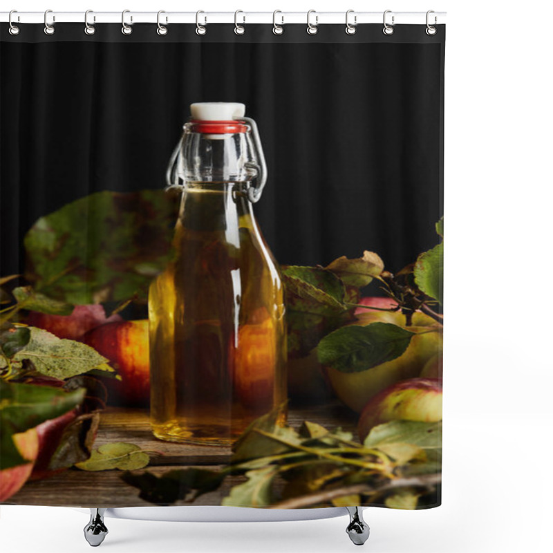 Personality  Fresh Homemade Cider In Bottle Near Ripe Apples And Leaves On Wooden Surface Isolated On Black Shower Curtains