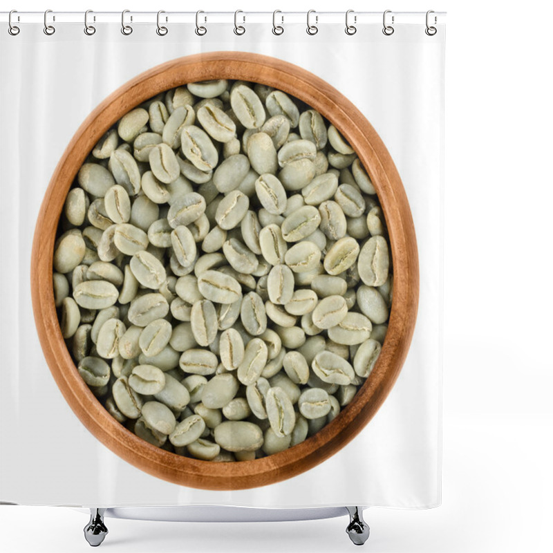 Personality  Green Coffee Beans In A Wooden Bowl Over White Shower Curtains