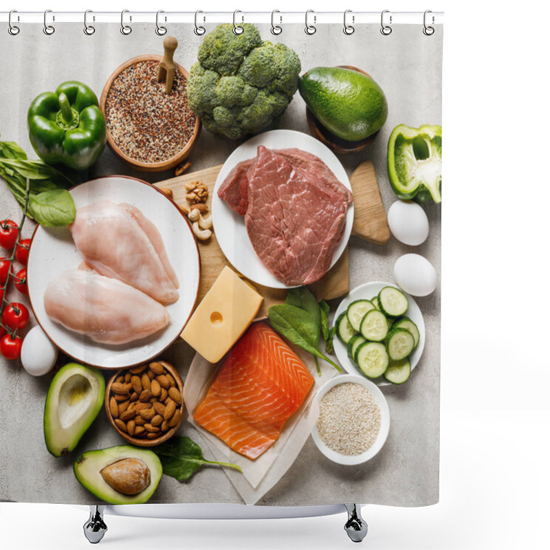 Personality  Top View Of Raw Ketogenic Diet Ingredients On Wooden Chopping Board On Grey Background With Copy Space Shower Curtains