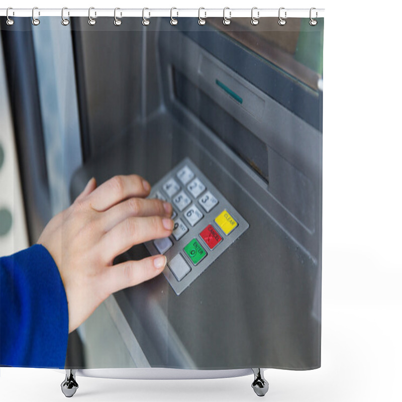 Personality  Close Up Of Hand Entering Pin Code At Cash Machine Shower Curtains