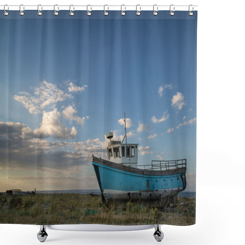 Personality  Abandoned Fishing Boat On Beach Landscape At Sunset Shower Curtains