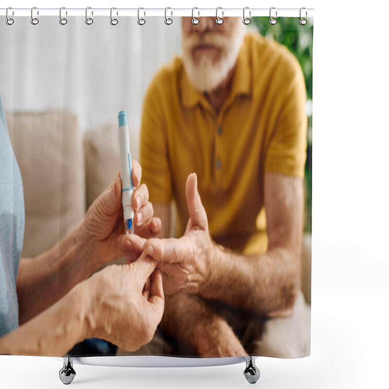 Personality  A Devoted Wife Checks Her Husbands Blood Sugar Levels As They Support Each Other At Home. Shower Curtains