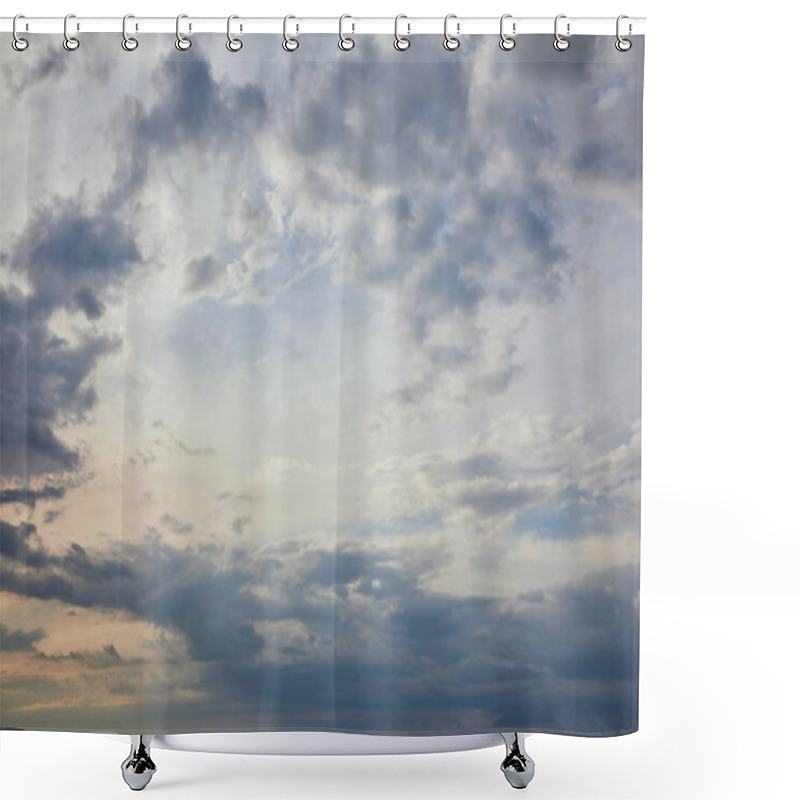 Personality  Blue Clouds On Grey Sky Background And Sun Rays Shower Curtains