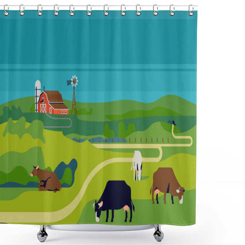 Personality  Peaceful Rural Cattle Farm Landscape With Farm Barn, Silo And Dairy Cows In Grassland Meadows Environment Shower Curtains