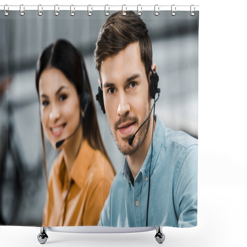 Personality  Smiling Call Center Operators In Headsets Looking At Camera In Office Shower Curtains