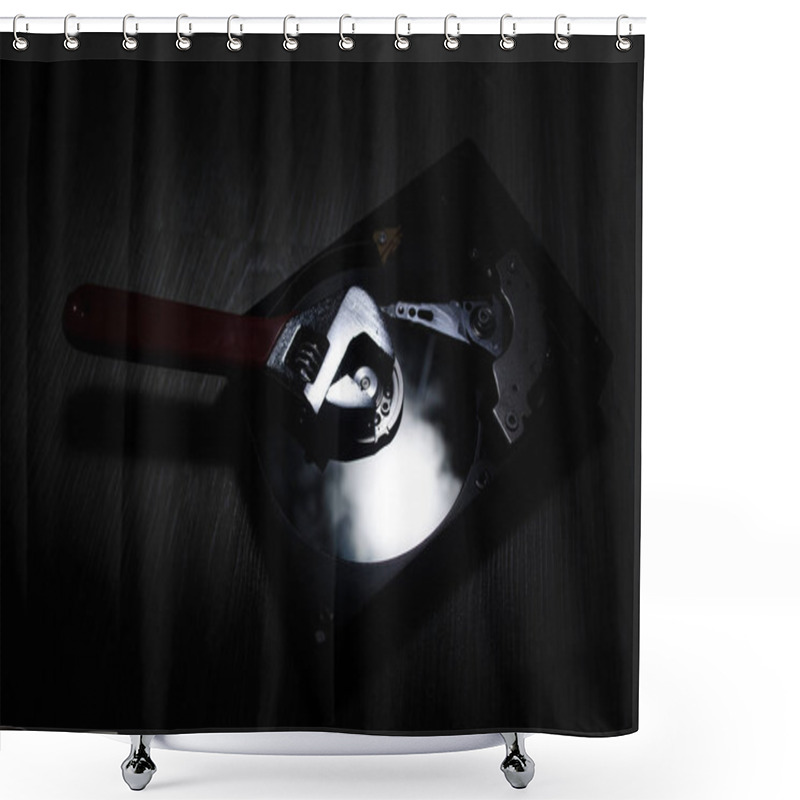 Personality  Adjustable Wrench Turn Off A Hard Disk. On A Dark Background. Computer Repair Concept Shower Curtains