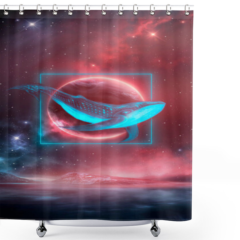 Personality  Abstract Night Fantasy Landscape With An Island, A Whale In The Sky, A Dark Fantasy Scene, An Unreal World, A Fish, A Whale, A Sperm Whale. Reflection Of Neon Light, Water, Depths Of The Sea. Night Fantasy Galaxy Space Landscape.  Shower Curtains