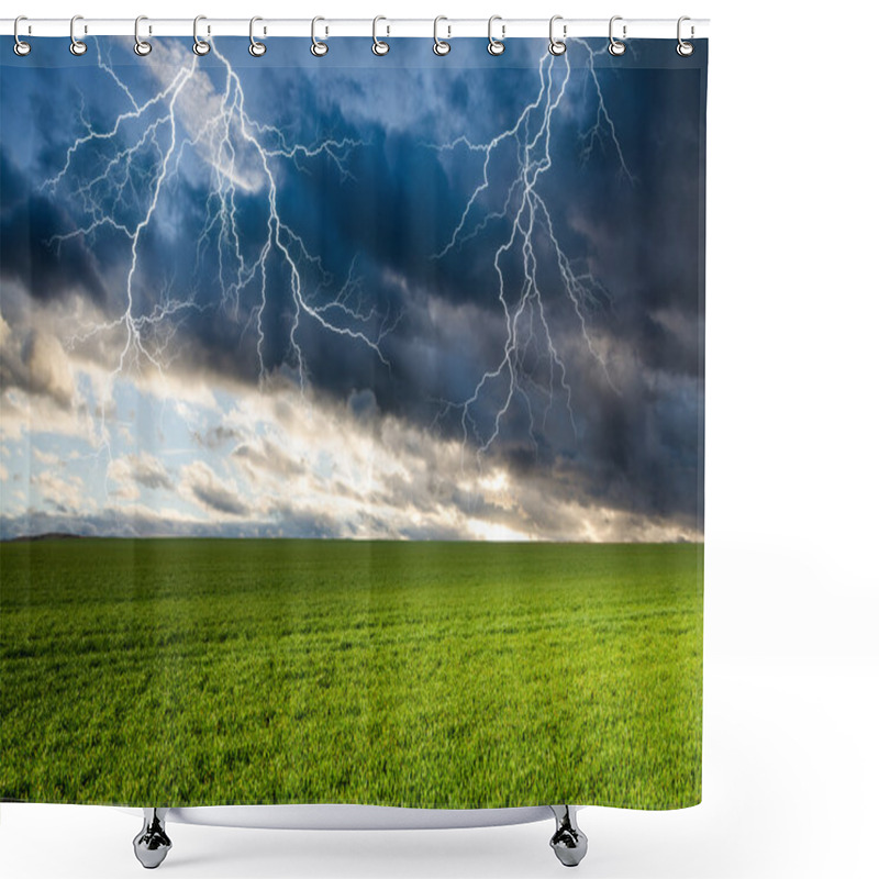 Personality  Thunderstorm With Lightning In Green Meadow Shower Curtains