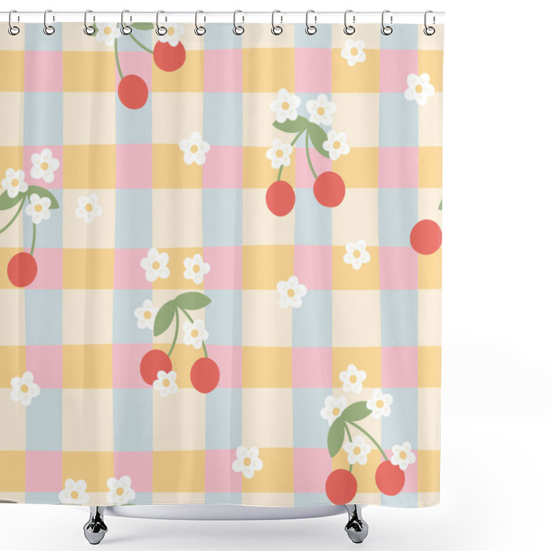 Personality  Gingham Kawaii Seamless Pattern With Cherry Berries And Flowers. Tartan Check For Tablecloths, Napkins, Clothes, Packaging. Cozy Cute Childish Hand Drawn Cartoon Background In Pastel Palette Shower Curtains