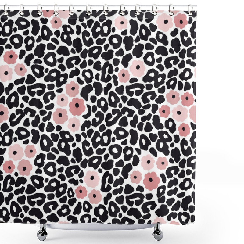 Personality  Modern Black And White Leopard Seamless Pattern With Pink Flowers. Animal Skin And Floral Design, Vector Illustration Background. Shower Curtains