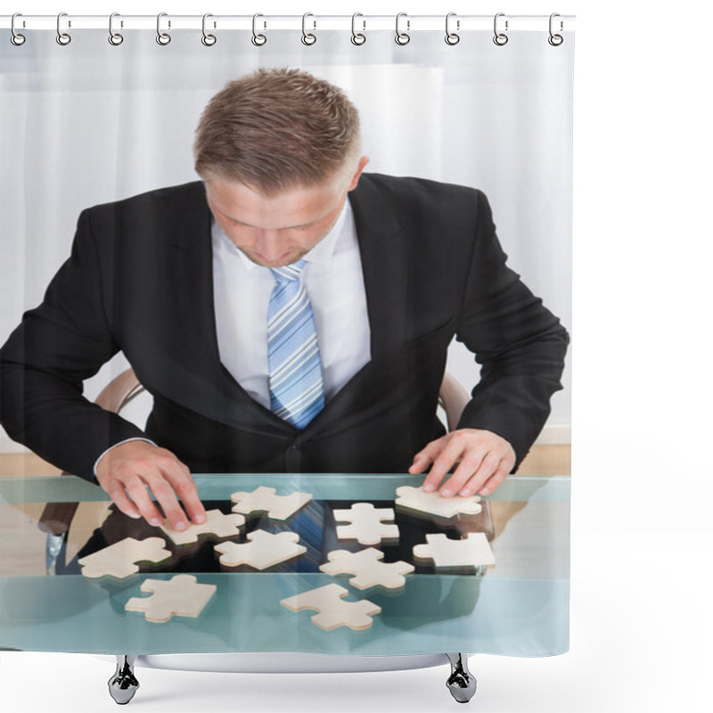 Personality  Businessman Solving A Jigsaw Puzzle At His Desk Shower Curtains