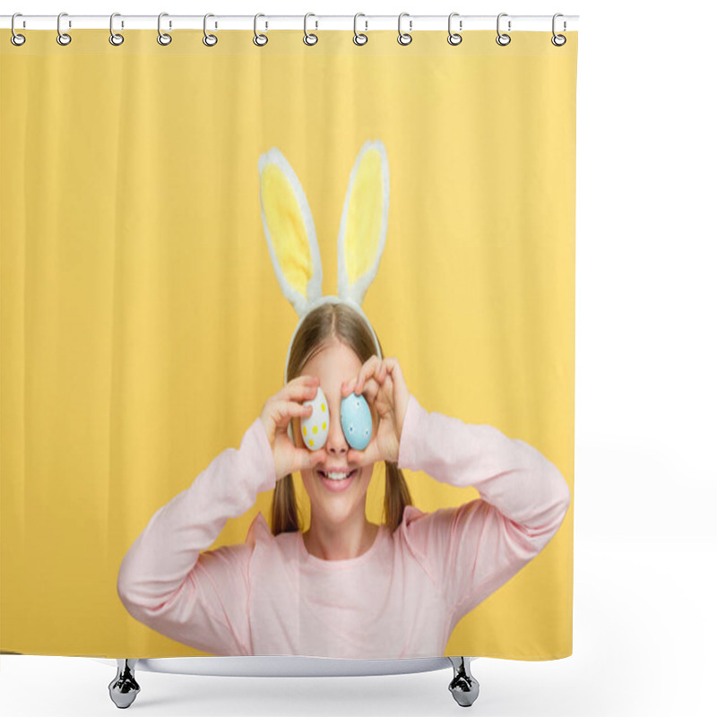 Personality  Happy Child With Bunny Ears Covering Eyes With Easter Eggs Isolated On Yellow  Shower Curtains