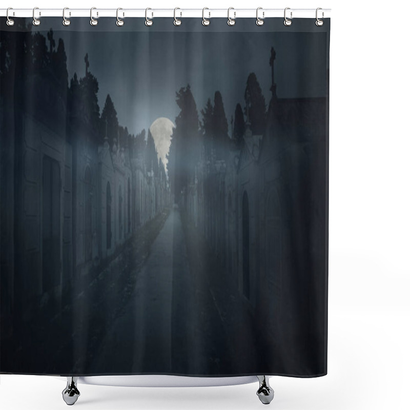 Personality  Spooky Old European Cemetery Street In A Full Moon Night Shower Curtains